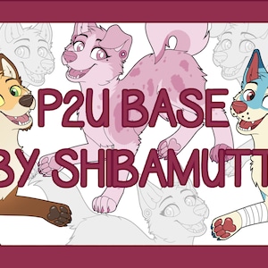 Puede incluir: Una base de arte digital para crear personajes peludos. La base presenta cuatro poses diferentes de un personaje canino, incluyendo un zorro, un perro rosa, un perro azul y un perro blanco. El texto "P2U BASE BY SHIBAMUTT" está escrito en letras grandes y negritas en toda la imagen.