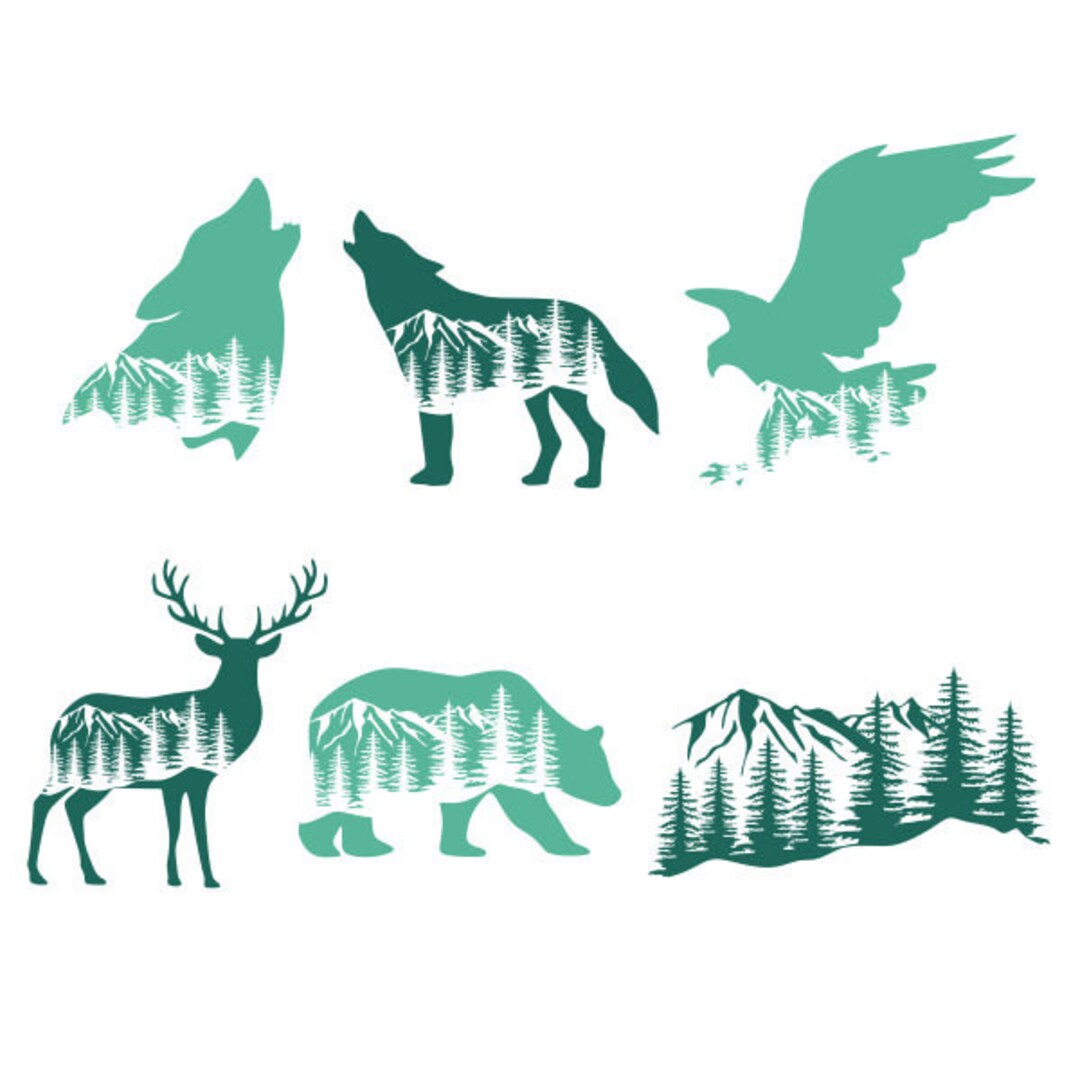 Mountain Range Animals Wolf Eagle Deer Bear Pack Cuttable Design SVG ...