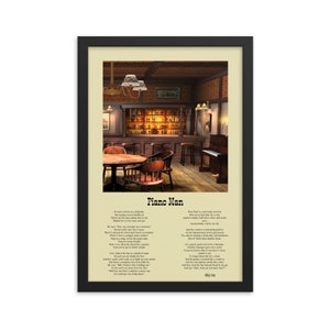 May include: A framed print of a vintage saloon interior with a piano and a table with chairs. The print features the lyrics to the song "Piano Man" by Billy Joel.