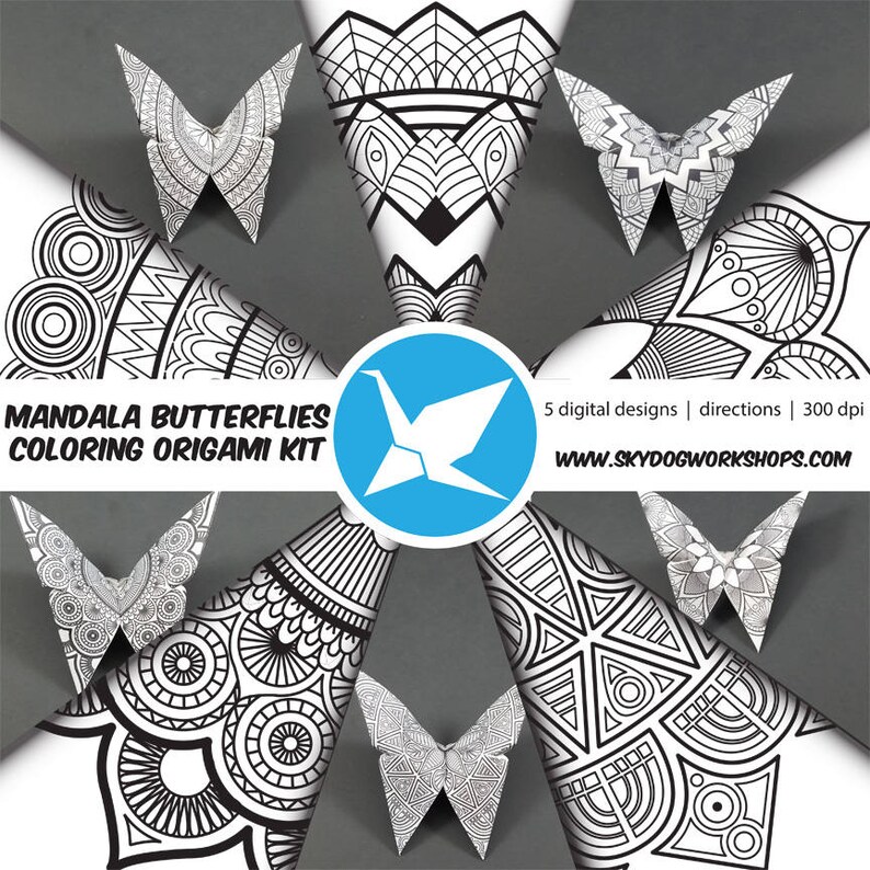 Origami Butterfly Mandala Coloring Kit Origami Folding Patterns Directions Adult Coloring Pages Digital Download