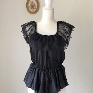 Vintage 1980’s Black Lace Nylon Lingerie Teddy Romper By The Pleasure Company