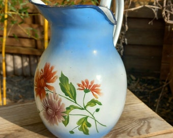 Vintage 1900s French Enameled Pitcher Blue Floral Enamelware Vintage Home Decor French Rustic Farmhouse Enamel Country Chic French