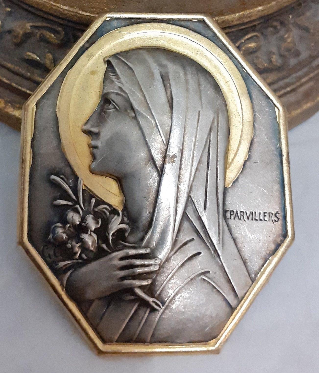 Ancienne Médaille Religieuse Ancienne Plaque Vierge Marie Signée T.parvillers Époque Début 20Ème Siè