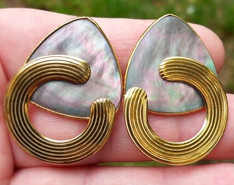 GAS BIJOUX 24k Gold Plated Clip Earrings and Natural Mother-of-Pearl Earrings signed Gas Bijoux