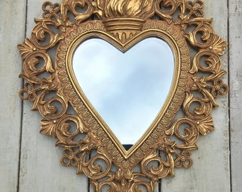 Ex Voto Coeur Flamboyant Heart Mirror with baroque scrollwork ornament 30cm x 25cm