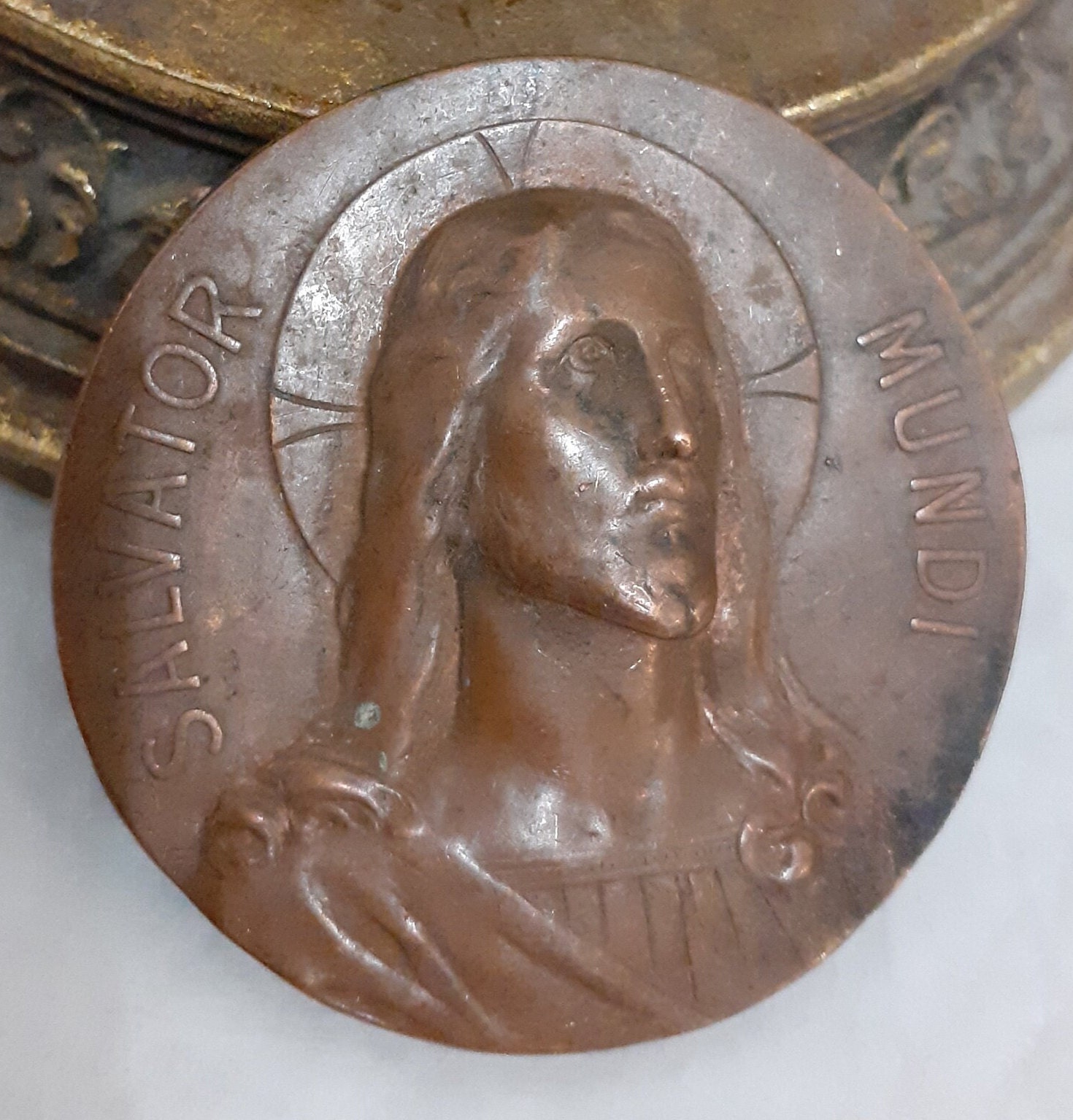 Ancienne Médaille Religieuse Ancienne Plaque Le Christ de Salvator Mundi Époque Début 20Ème Siècle A