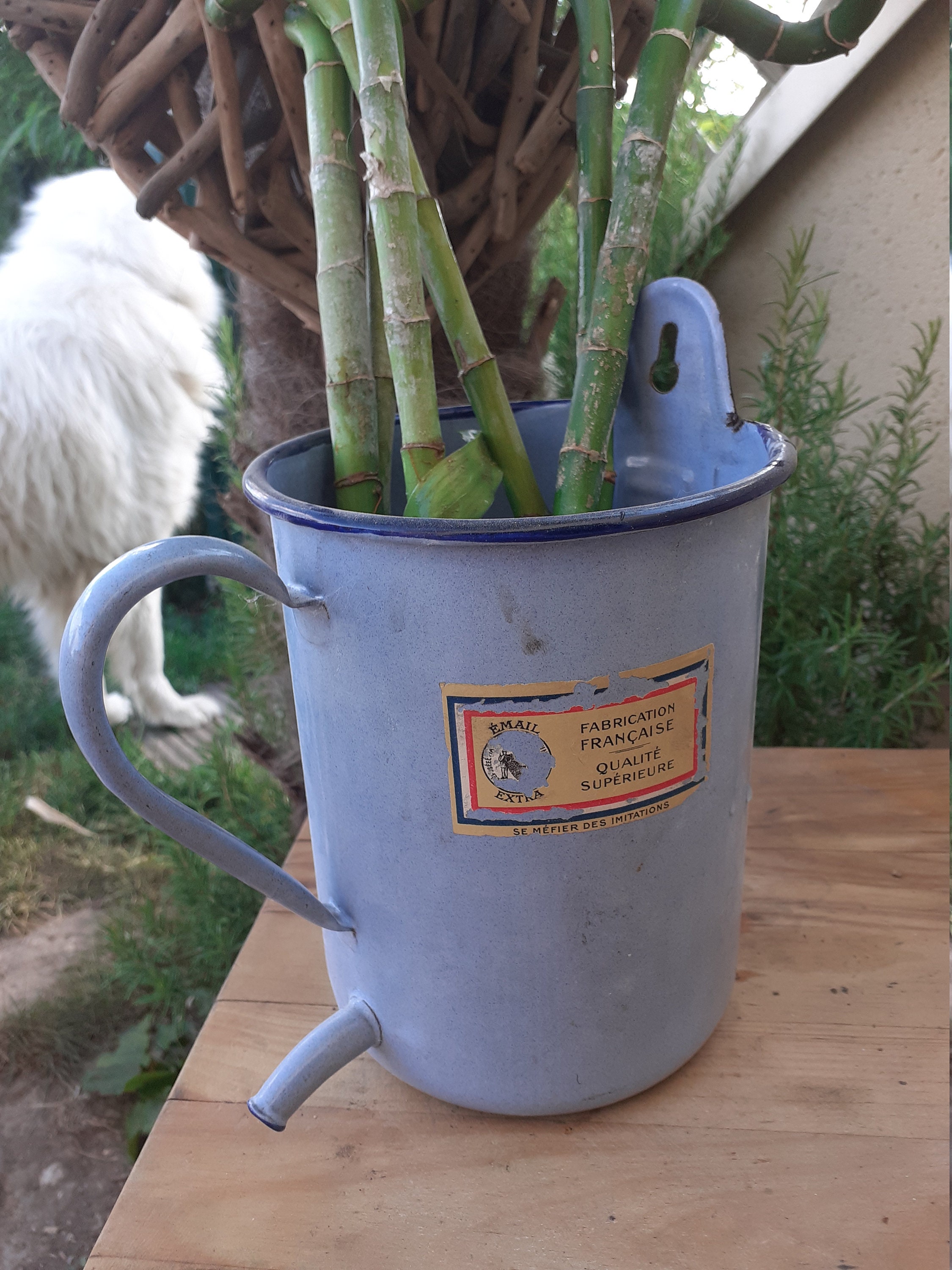 Ancien Pot Émaillé Des Années 1940 Déco Campagne Chic Française Émail Bleu Contenance de 2 Litres