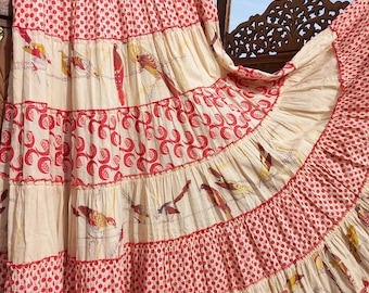 René Derhy Jupe Provençale à volants tissu imprimé oiseaux Jupe de Provence Extra Full Circle Skirt jupe provençale vintage