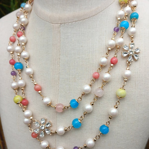 Costume Long Necklace Vintage Jewelry Long Necklace 1m Long Vintage Necklace Faux Pearls Multicolor Flowers Rhinestone Vintage Chain Necklace