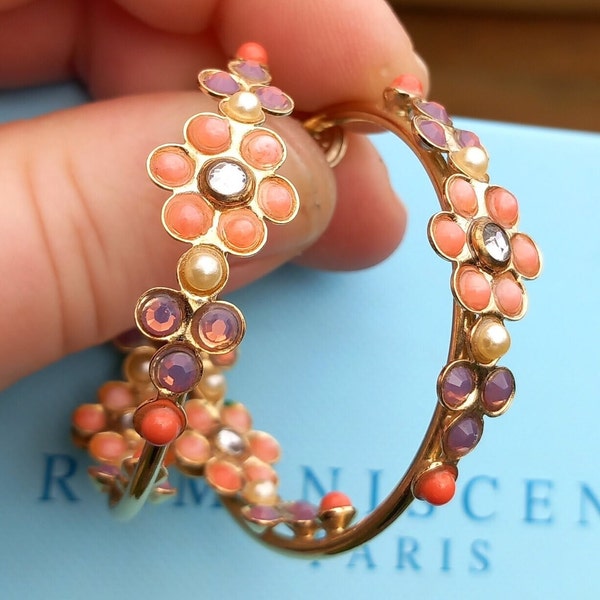 Gold Plated Hoops REMINISCENCE French designer flower ornate hoops 50mm gold plated hoops Creoles signed Reminiscence