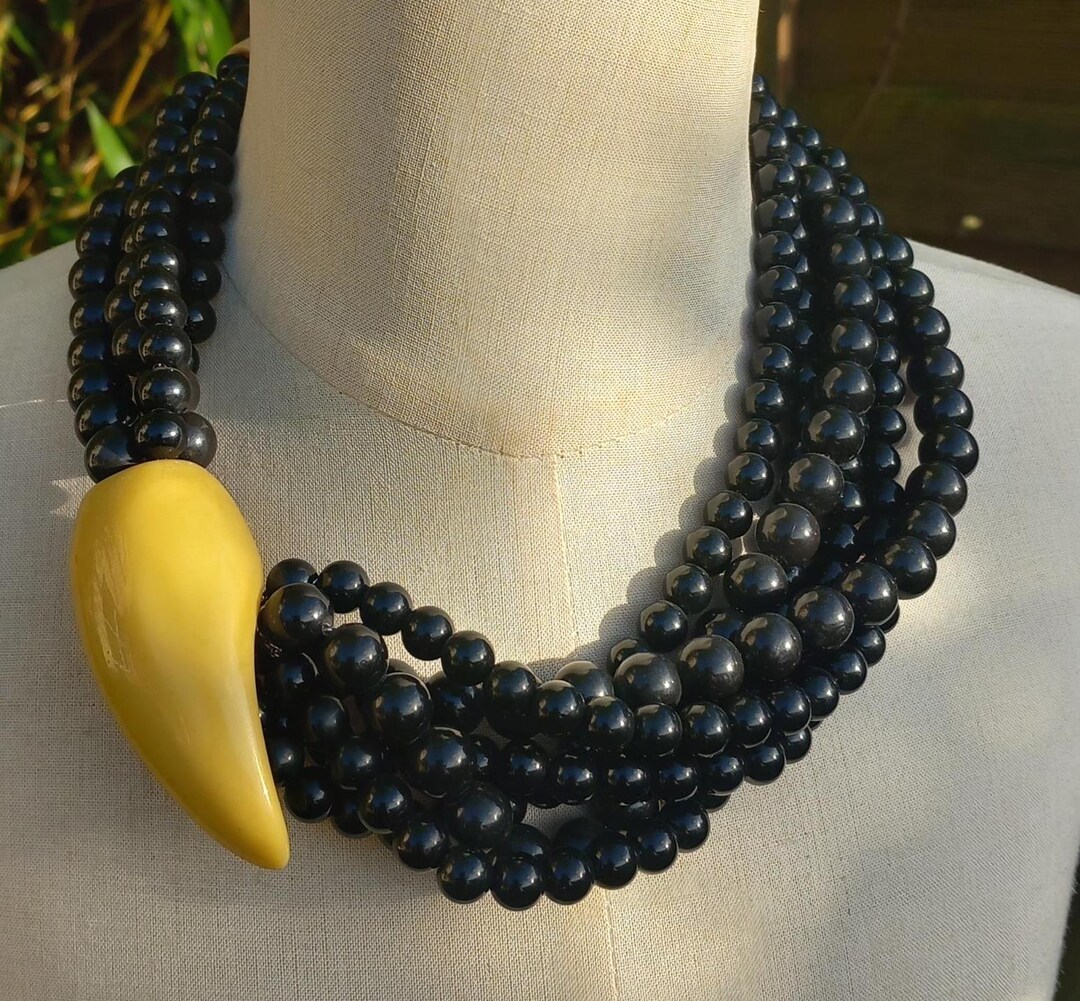 Collier Long Vintage Sharra Pagano - Multi-Rangs De Perles Noires Et Strass