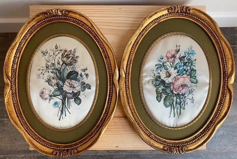 Ancien Français Lot 2 Anciens Cadres avec Bouquet de Fleurs Brocante Française Décoration Shabby