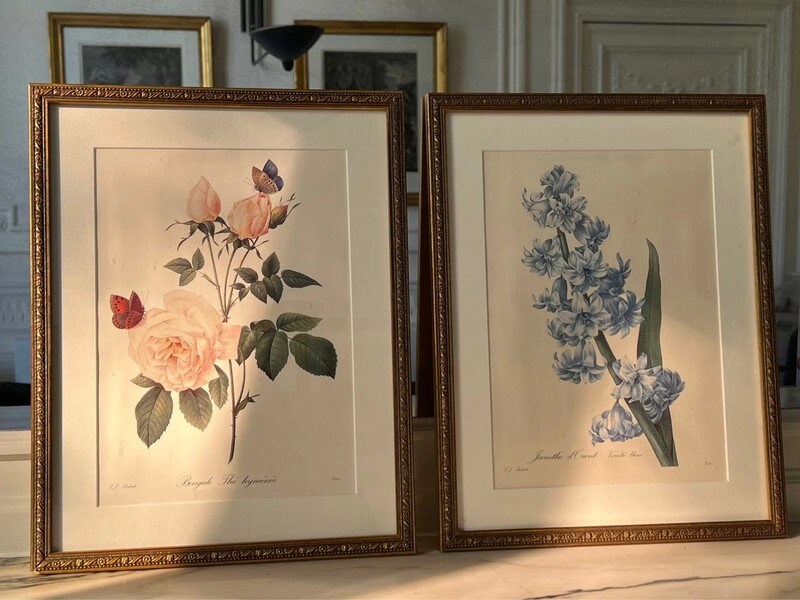 Ancien Français Lot 2 Anciens Cadres avec Gravure de Bouquet Fleurs Brocante Française Décoration Sh