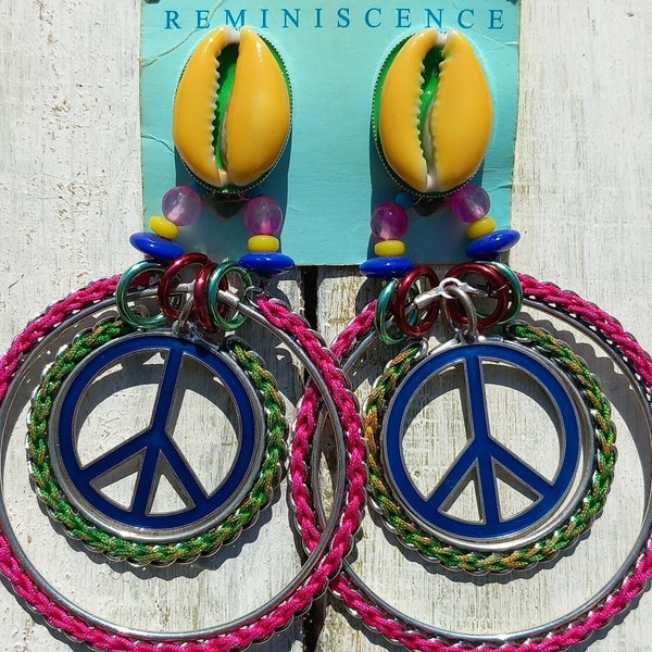 Boho earrings designer REMINISCENCE Clip On XL Large boho statement Peace and Love Vintage earrings signed Reminiscence