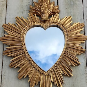 Ex voto mirror Flaming heart mirror with golden patina Ex voto heart mirror Flamed heart mirror 30cm x 26cm Sacred Heart Mirror Burning heart