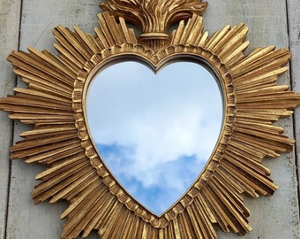 Ex voto mirror Flaming heart mirror with golden patina Ex voto heart mirror Flamed heart mirror Sacred Heart Mirror Burning heart