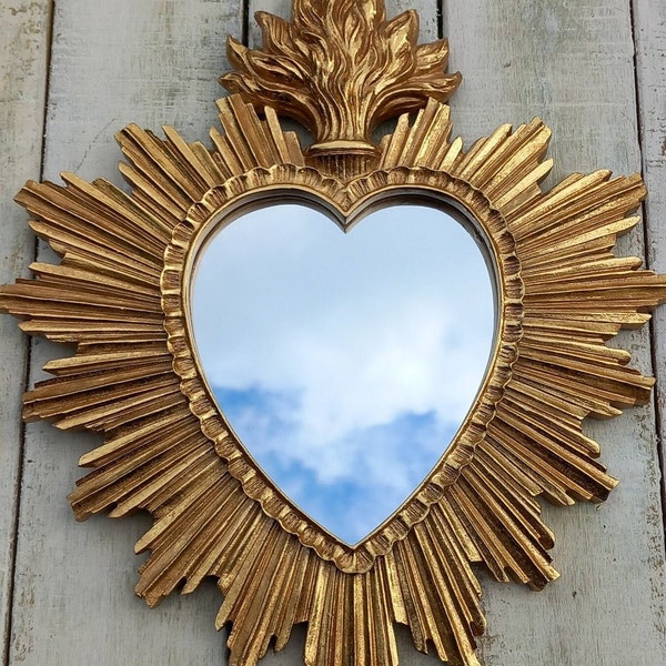 Ex voto mirror Flaming heart mirror with golden patina Ex voto heart mirror Flamed heart mirror 30cm x 26cm Sacred Heart Mirror Burning heart