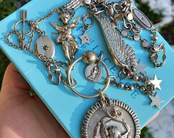 Necklace REMINISCENCE designer français silver rosary chain Cherub Angel Wings Cherub medal silver stars collier céleste signé Reminiscence