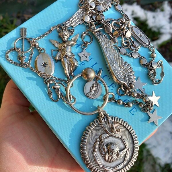 Necklace REMINISCENCE French designer silver rosary chain Cherub Angel Wings Cherub medal silver stars celestial necklace signed Reminiscence