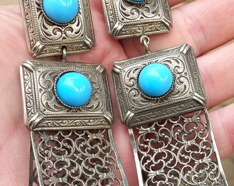 MARGHERITA BUONANNO designer Vintage Statement earrings Signed Long clip earrings 85mm silver and turquoise cabochons
