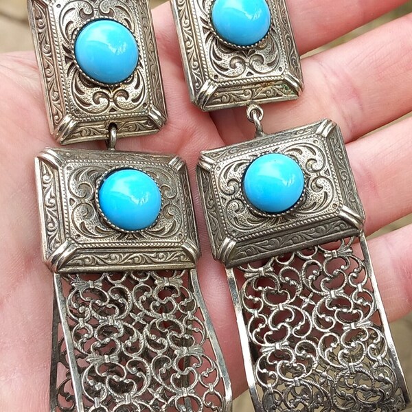 MARGHERITA BUONANNO designer Vintage Statement earrings Signed Long clip earrings 85mm silver and turquoise cabochons