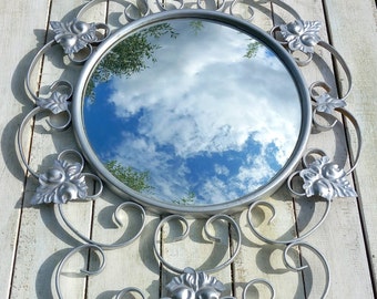 Ancien Grand Miroir Convexe Vintage années 50 cadre Feuillage métal Bullseye Mirror French Flea Market 50s Miroir Oeil de Sorcière