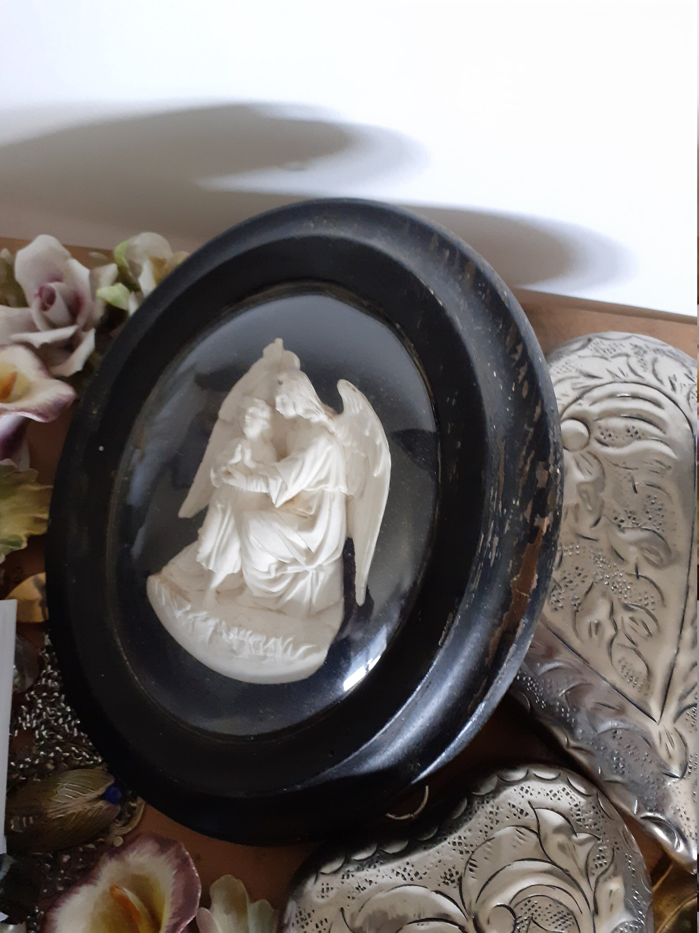 Ancien Français Art Religieux Cadre Verre Bombé Napoléon Iii Verre Bombé avec Ange Époque Victorian