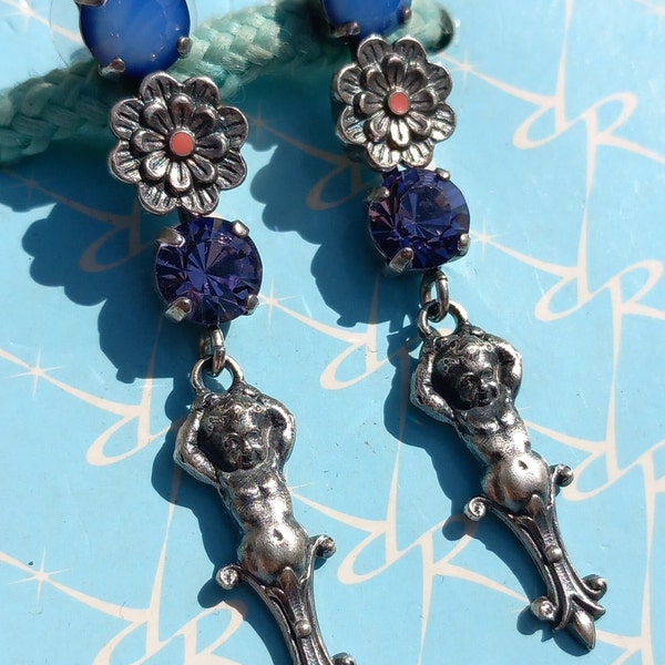 Lovely cherub earrings signed REMINISCENCE French Designer pretty angel dangly Swarovski crystal earrings Reminiscence