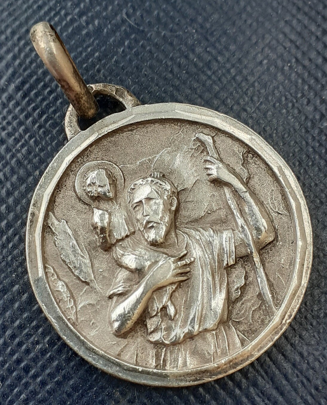Ancienne Grande Médaille Religieuse Saint Christophe en Argent Massif avec Poinçon St Christopher Fr
