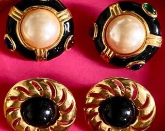 Boucles d'oreilles Vintage Clips émaillés à cabochons en verre et métal doré qualité haut de gamme bijoux vintage de France Couture vintage