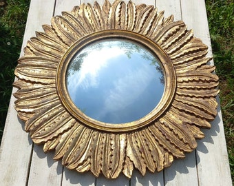 Miroir soleil Convexe oeil de sorcière Miroir feuilles sculptées Bois de Manguier patine or Eye of the sorceress bullseye mirror