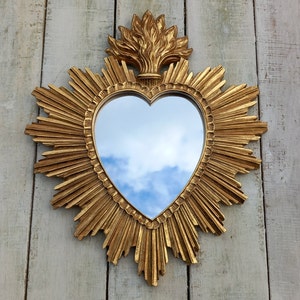 Miroir ex voto Miroir coeur flamboyant patine dorée Miroir coeur ex voto Miroir coeur flammé 30cm x 26cm Sacred Heart Mirror Coeur brulant image 8