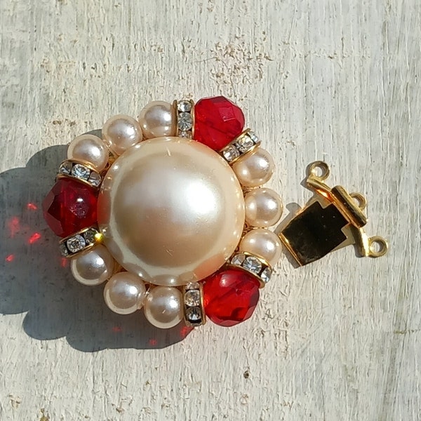 Gros Fermoir pour collier bracelet fermoir 3 rangs Couture vintage années 70 Fermoir perles en verre perles nacrées rondelles strass