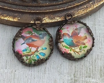 Pendentifs Moineaux Pendentifs Oiseaux Fleurs champêtre image chromo miniature sous verre pendentifs pour la création de bijoux