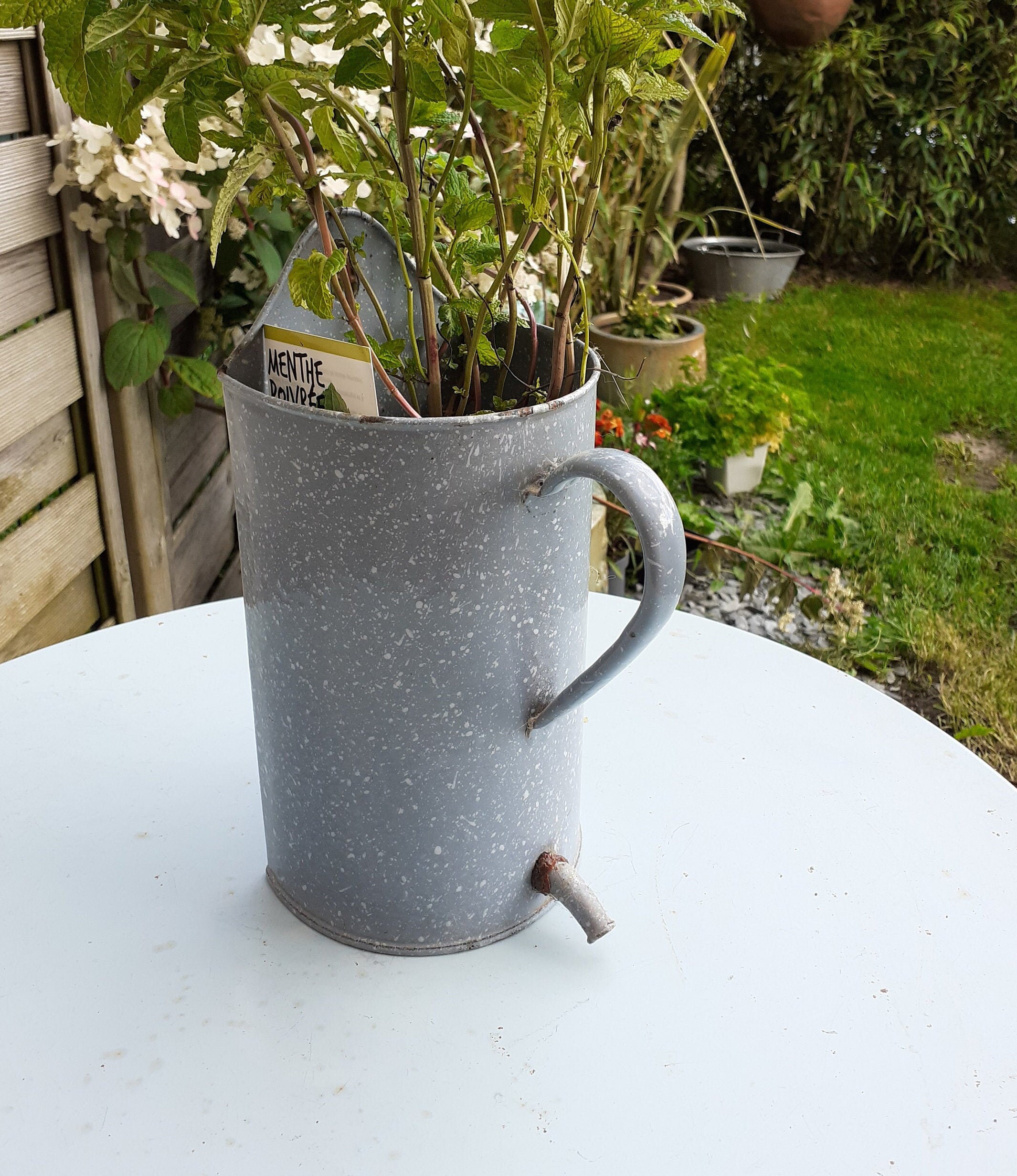 Ancien Pot Émaillé Des Années 1940 Déco Campagne Chic Française Émail Gris Bleu Contenance de 2 Litr