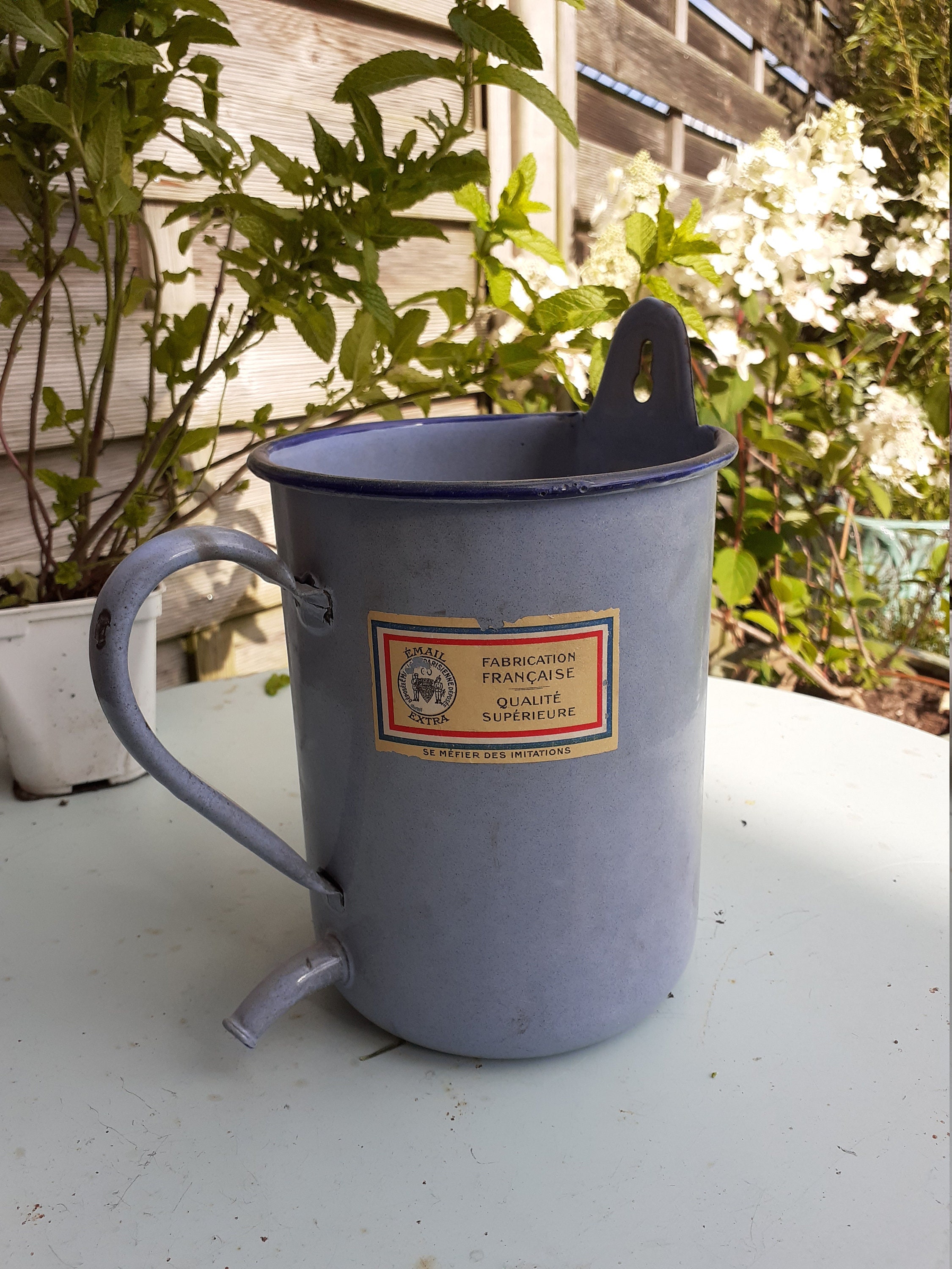 Ancien Pot Émaillé Des Années 1940 Déco Campagne Chic Française Émail Bleu Contenance de 2 Litres