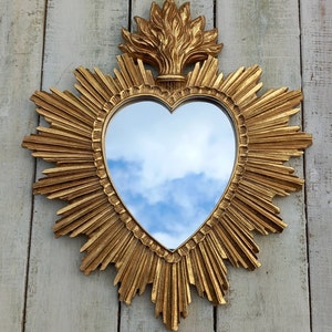 Miroir ex voto Miroir coeur flamboyant patine dorée Miroir coeur ex voto Miroir coeur flammé 30cm x 26cm Sacred Heart Mirror Coeur brulant image 2