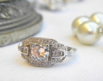 Lovely ring setting style art deco stones T57 cubic zirconia 925 sterling silver rhodium finish
