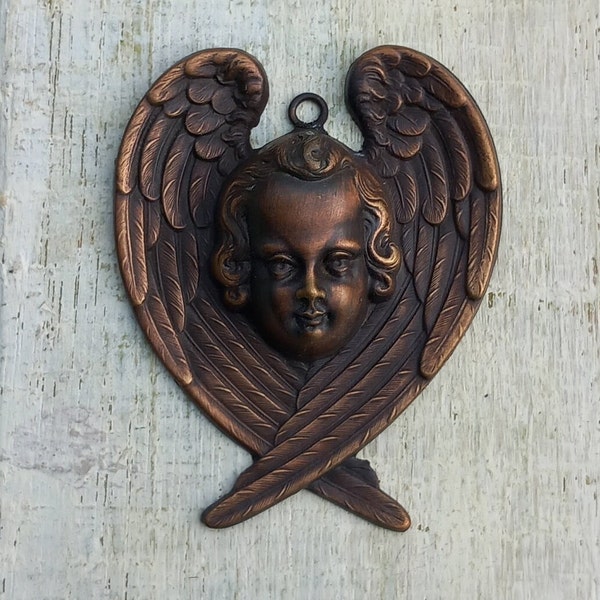 Rare vintage Old French Winged Angel Pendant Religious pendant piece of angel rosary antique gold patina Art Nouveau period 1900's