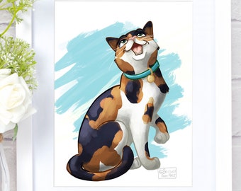 Calico Cat Print, Cat Lover Gift, Kitty Animal Wall Art, Cat Illustration Birthday Gift For Aunt, Calico Cat Painting Cartoon Portrait