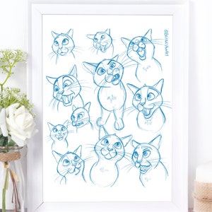 Kattenkunst, kat afdrukken schetskunst, kat decor cartoon portret, schets kattenliefhebber cadeau, kunst aan de muur afdrukken, kunst kattenkwekerij, kattenposter cadeau voor nichtje