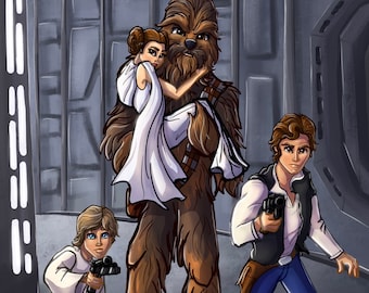 Luke Skywalker, Princess Leia, Han Solo, Chewbacca Star Wars Drawing, Star Wars Print