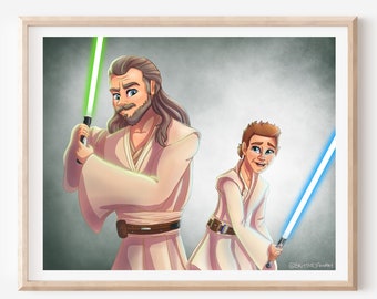 Qui-Gon Jinn Obi Wan Kenobi Star Wars Art Print, Digital Painting Star Wars Gift