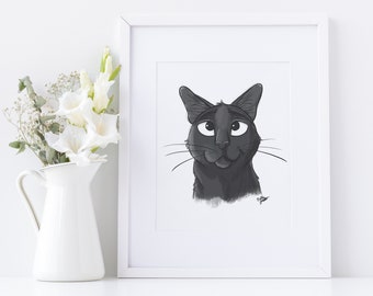 Black Cat Print, Cat Art, Cat Office Decor, Black and White Print, Cat Lover Gift, Animal Prints, Crazy Cat Lady