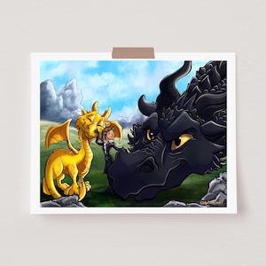 May include: A cartoon illustration of a girl with brown hair standing between a small, yellow dragon and a large, black dragon. The dragons are facing each other, and the girl is looking at the black dragon.