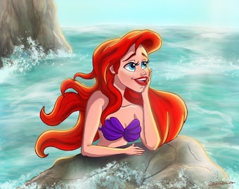 Ariel The Little Mermaid Disney Print, Mermay, Disney Office Decor, Under the Sea, Princess Ariel Fanart, Disney Gifts, Disney Princess Art