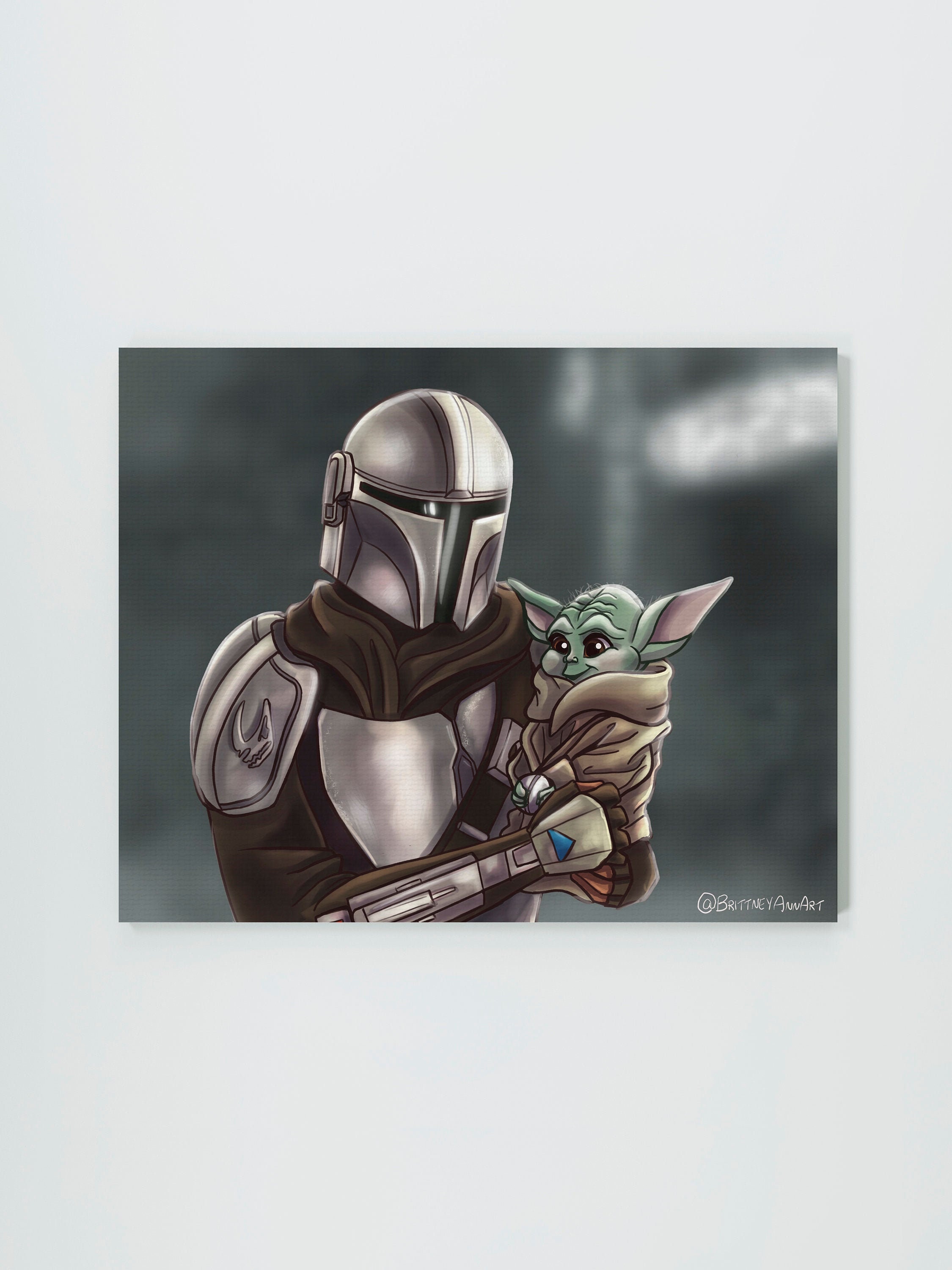 Din Djarin Grogu Star Wars Canvas | Baby Yoda Mandalorian Digital Drawing Canvas Print