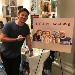 Peut inclure: Une illustration dessin&eacute;e &agrave; la main de personnages de Star Wars savourant des milkshakes. Les personnages sont dessin&eacute;s dans un style cartoon et portent leurs tenues embl&eacute;matiques. L'illustration est sur une toile et est expos&eacute;e sur un chevalet. Le texte "S.T.A.R. W.A.R.S." est &eacute;crit dans une police de caract&egrave;res stylis&eacute;e en haut de la toile.