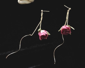 Double Thread Pink Rose Earrings - Double Chain Pink Rose Earrings - Summer Pink Rose Earrings - Dried Pink Rose Drop/Dangle Earrings