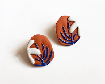 Hand-Painted Clay Floral Stud Earrings: Sterling Silver Posts
